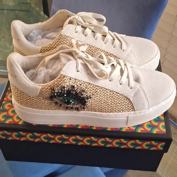 Kurt Geiger Cream Lace-Up Sneakers - Picture 2 of 5